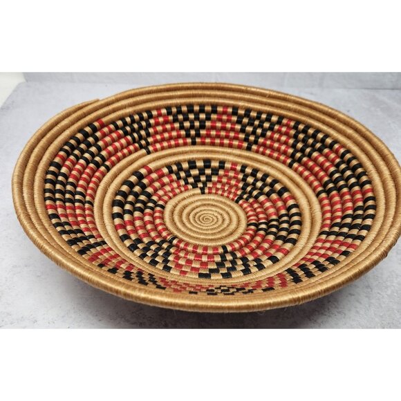 Set of 2 Woven Wall Baskets Black White Spiral & Tan Red Black Geometric Bowls - Picture 6 of 7